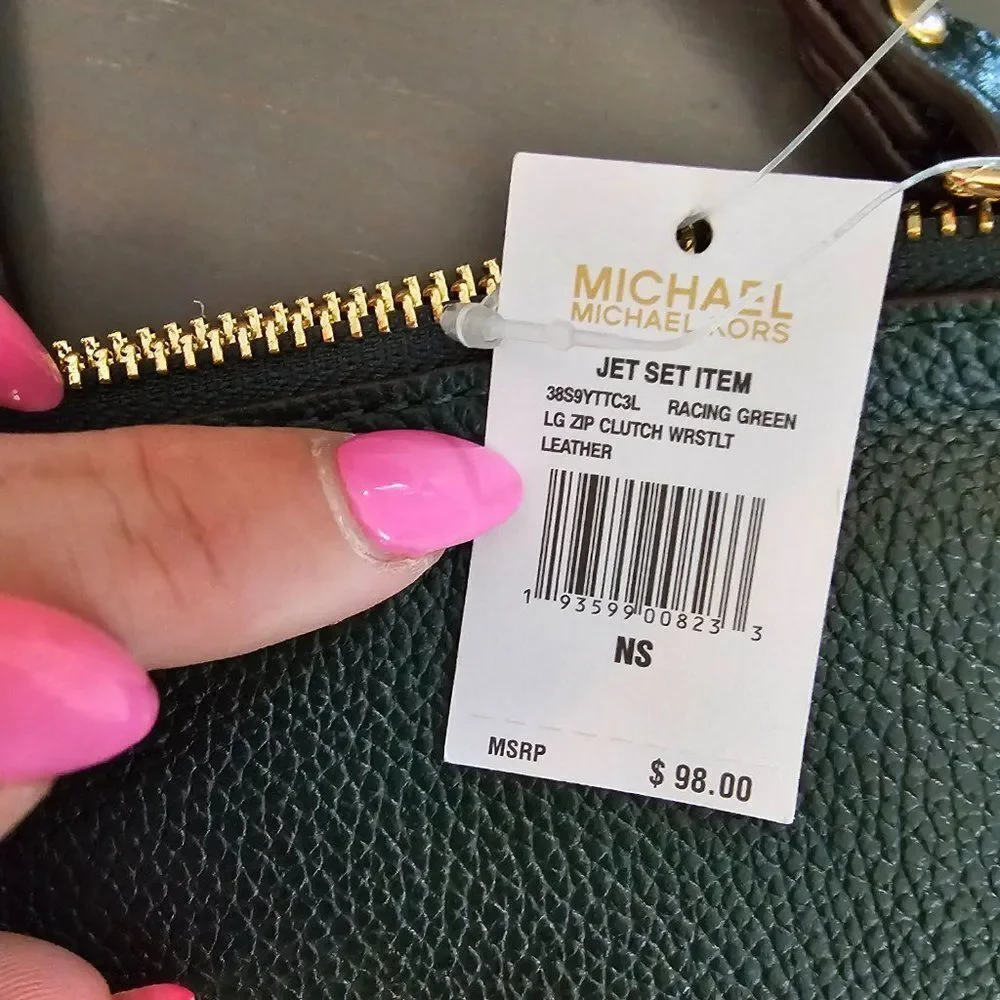 Michael Kors Women's Green Pebble Leather Travel Jet Set Zip Clutch Wristlet - Picture 5 of 5